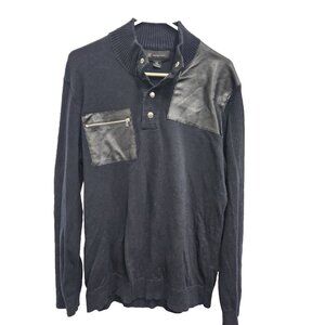 INC International Concepts Mens Sweater XL Black Faux Leather Patch Grunge